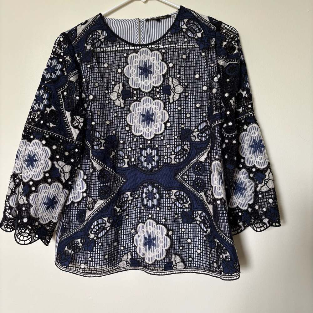 Kobi Halperin Blue and White Striped Embroidered Lace Overlay Blouse